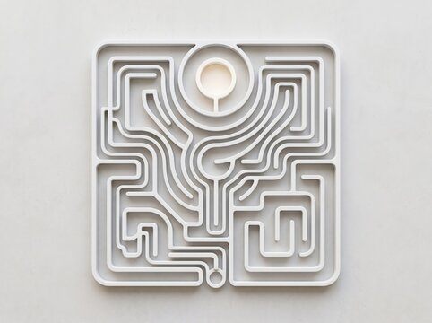 Minimalist maze design with smooth lines and geometric shapes on a clean neutral gray background