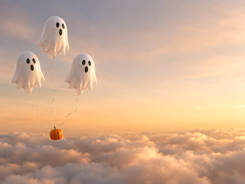 Friendly ghost balloon parade floating above soft sunset clouds with halloween floating seasonal celebration decoration