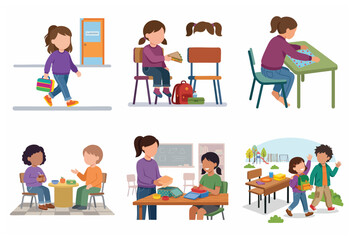 Vector illustration set of school children engaged in various daily activities like walking to class, eating lunch, and social interaction in the classroom