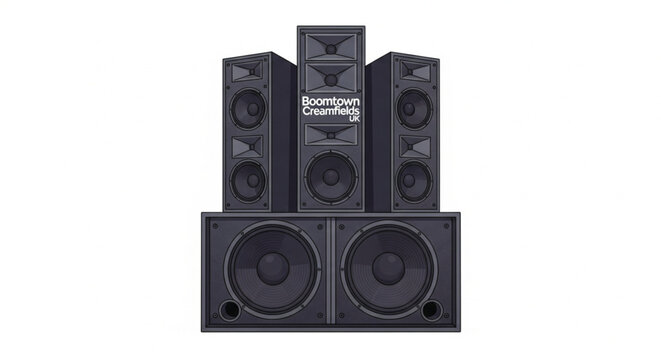 Vector illustration of a professional PA speaker system stack, featuring a tall line array speaker on top of a large subwoofer.