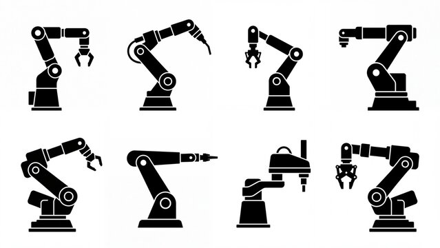 Set of industrial robotic arm silhouettes flat vector design for automation and manufacturing concepts isolated on white background