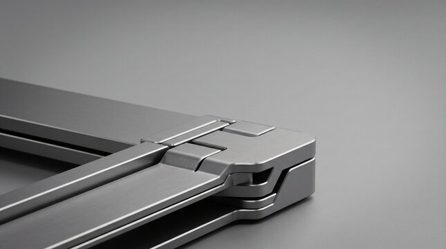 Modern brushed metal mechanical hinge component isolated on gray surface showcasing industrial design precision engineering strength