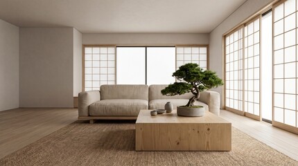 Fototapeta premium Minimalist Japandi living room features beige sofa wooden coffee table with green bonsai tree and modern shoji screen sliding door
