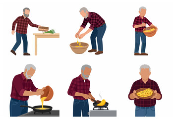 Fototapeta premium Senior man cooking delicious omelet step by step flat vector illustration set