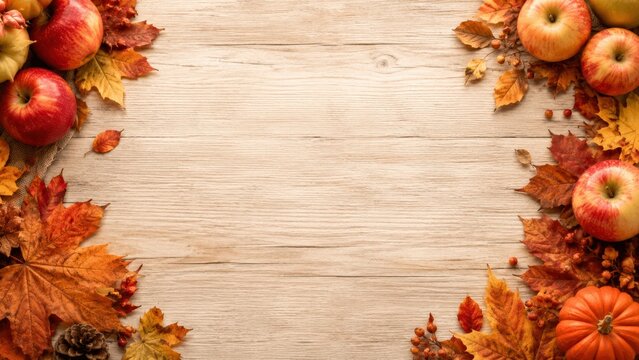 A Beautiful Autumn Scene Featuring Vibrant Red Apples Surrounded by Colorful Leaves on a Rustic Wooden Surface