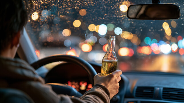 dangerous drunk driving with alcohol bottle behind the wheel on rainy night city road