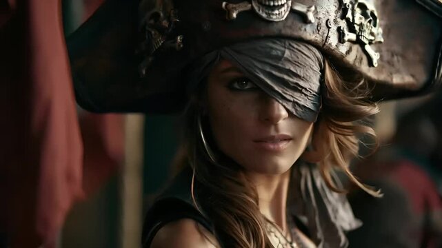 Europe medieval lifestyle. A closeup portrait of a woman in a fantasy setting. She wears a large, ornate hat with intricate designs and a blindfold covering her eyes.