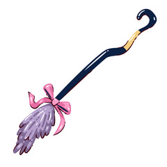 Fototapeta premium Witch broom with a curved handle, purple bristles and pink bow. Halloween cards, party decor and magical branding feature a witch broom, cartoon vector illustration.