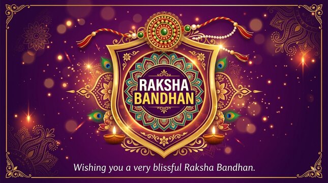 Raksha Bandhan Vector Banner with Rakhi Thread and Shield, Golden Ornamental Border, Indian Festival Celebration Poster