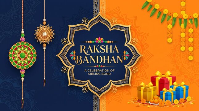 Happy Raksha Bandhan Festival Sale Banner Vector Illustration with Decorative Rakhi, Gift Boxes, Sweets, and Mandala Background