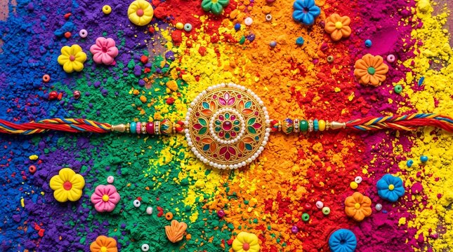 Raksha Bandhan Decorative Gold Rakhi Bracelet Vector with Colorful Gulal Powder Background