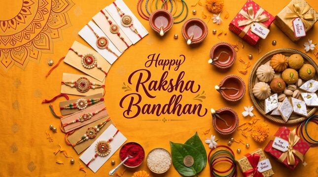 Happy Raksha Bandhan Celebration Background Vector with Decorative Rakhi Thread, Traditional Indian Sweets, Diya Oil Lamps, Gift Boxes, Kumkum, and Rice Pooja Elements