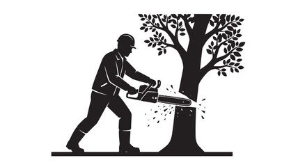 Lumberjack Cutting Tree with Chainsaw in Forest Featuring Woodcutter, Logging, Nature with Work and Outdoor Elements for Labor © Harry 