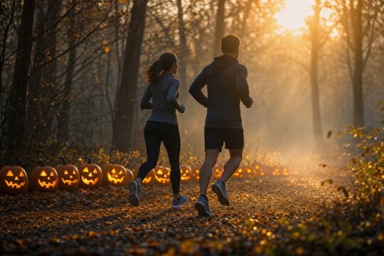Couple jogging past jack-o-lanterns on autumn forest trail
