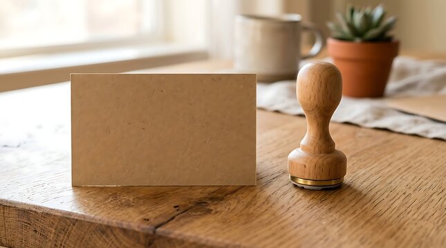 Blank brown card with wooden stamp on rustic wooden table.