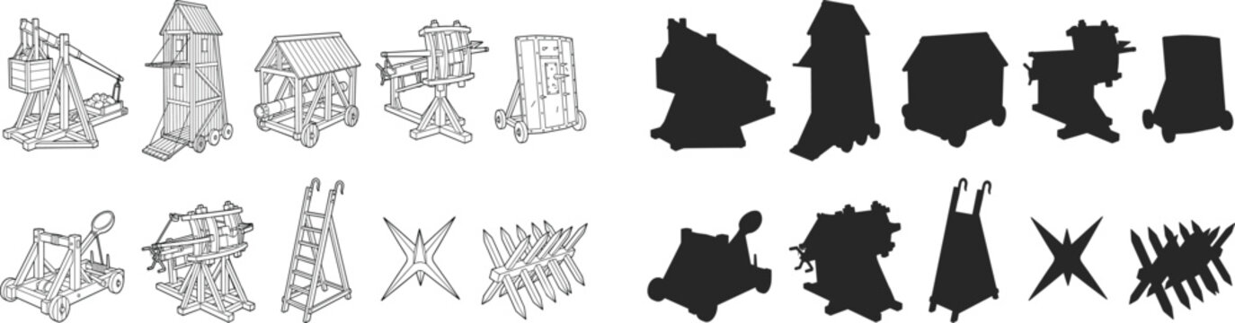 WebSet of medieval siege weapons and military war equipment vector icons with outline and silhouette styles