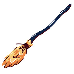 Fototapeta premium Witch broom with a long curved handle, tied straw bristles and dark magical styling. Halloween decor and fantasy graphics featuring a witch broom, cartoon vector illustration.