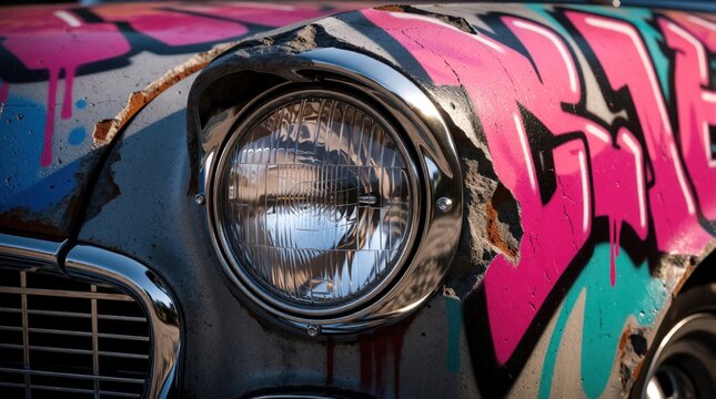 Close up of vintage car fender with graffiti art. Old auto headlamp chrome trim, cracked paint, rust texture. Bold pink blue spray paint design on worn metal bodywork.