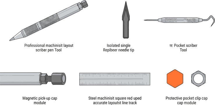 Professional Machinist Layout Scriber Pen Tool Vector Icon Set with Pocket Scriber Needle Tip Magnetic Pick Up Cap and Steel Ruler Diagrams