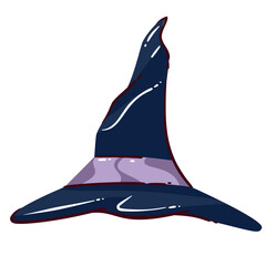 Fototapeta premium Witch hat with a tall curved crown, wide brim and purple band. Halloween costume, party and magical decor featuring a witch hat, cartoon vector illustration.