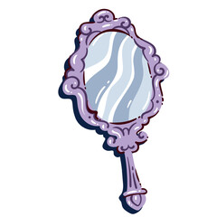 Fototapeta premium Hand mirror with an ornate purple frame, curved handle and reflective glass. Beauty branding, salon and mystical decor featuring a hand mirror, cartoon vector illustration.
