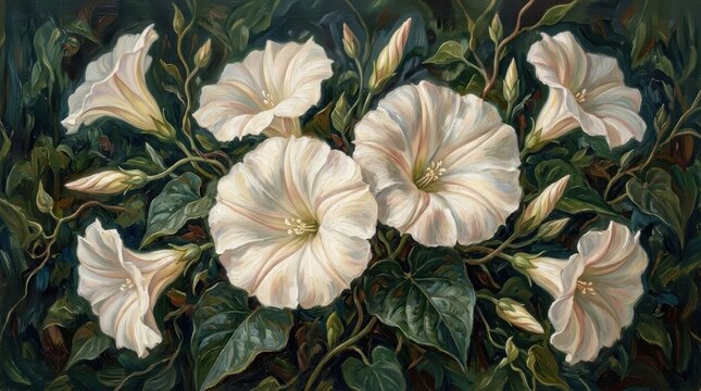 White morning glories bloom against lush green foliage during daylight with soft lighting