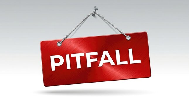 Bright red rectangular sign hanging from a silver nail displays the warning word pitfall clearly