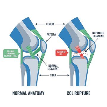 Canine knee anatomy comparison diagram showing healthy ligament versus ruptured ccl ligament injury