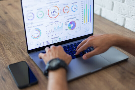 Close-up over the shoulder view of a man typing on a laptop keyboard while analyzing a business dashboard with financial graphs. Smartphone on a wooden desk, white brick wall background.