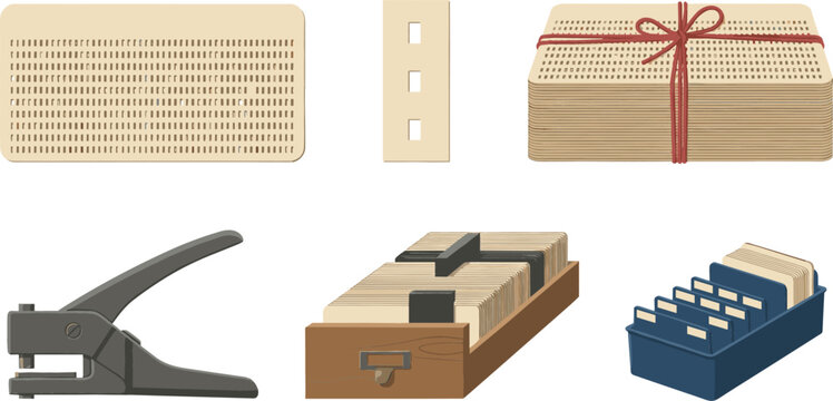 Vintage Computer Punch Card Technology Vector Icon Set Featuring IBM Data Cards Card Puncher Stack and Index Filing Drawer Storage Boxes