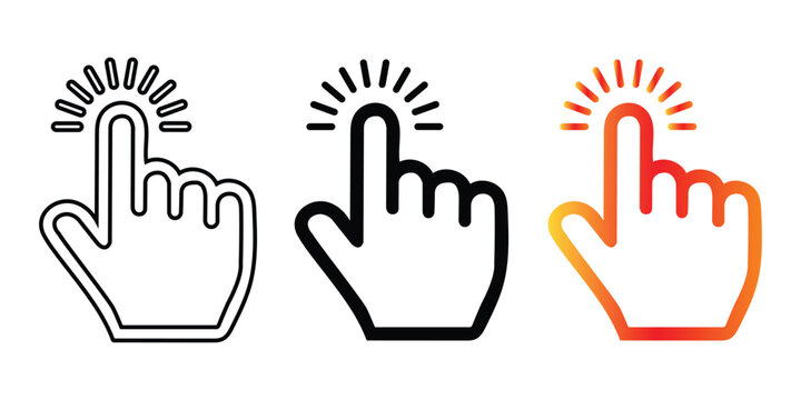 Click gesture hand icons with radial motion effects in outline solid black and orange gradient styles for interactive user interface design isolated on clean white background