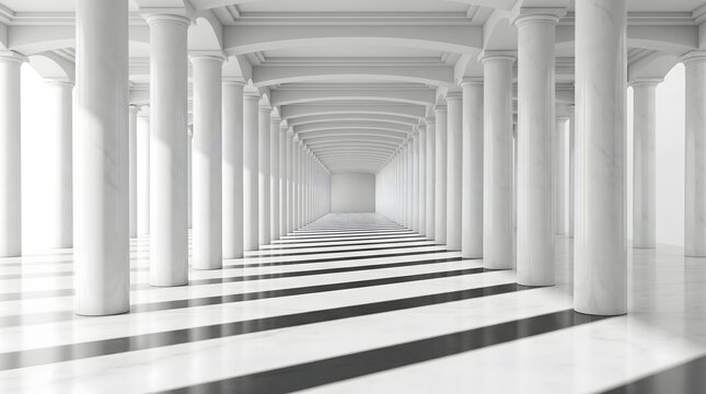 Bright architectural corridor with repetitive columns displays a compelling visual perspective and striking shadow patterns, ideal for conceptual design projects.
