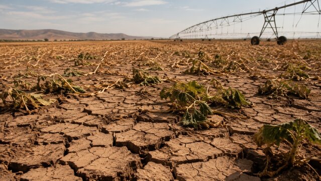 A desolate agricultural landscape shows the detrimental effects of drought, with cracked earth and wilting crops symbolizing the struggle against climate change