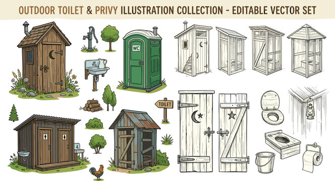 Hand Drawn Outdoor Toilet and Privy Illustration Collection Featuring an Informative Layout of Classic Wooden Outhouses Portable WCs Restroom Cabins and Vintage Latrine Sketches