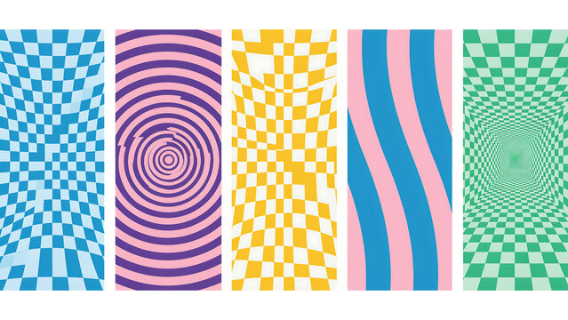 Five distinct psychedelic geometric pattern designs with psychedelic, geometric