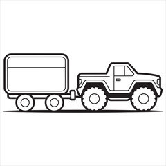 Fototapeta premium A simple black and white line art illustration of a rugged pickup truck pulling a cargo trailer