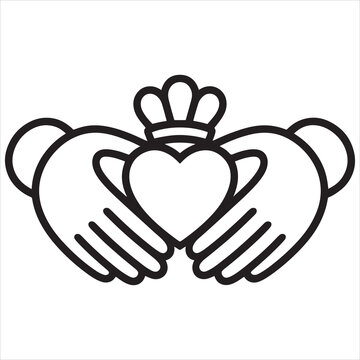 Traditional claddagh ring symbol featuring two hands holding a heart with a crown in a simple line art style
