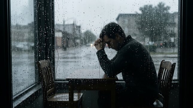 Person looking out of train window during rainy day