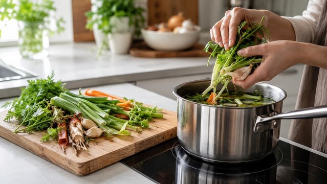 A Culinary Experience: Preparing Fresh Vegetables and Aromatic Herbs for a Flavorful Soup in the Kitchen