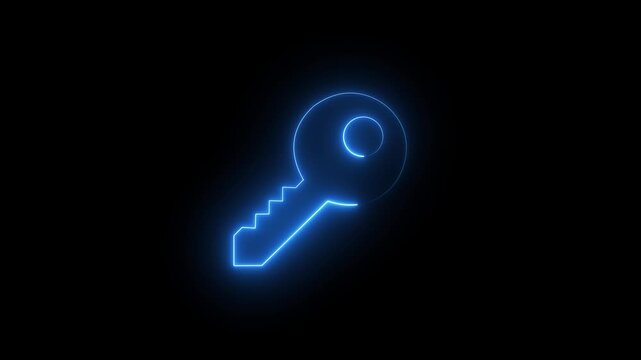 Glowing neon key icon animation, neon lock key icon. security and password icon. Neon blue key Animation on Black Background. 4K Video motion graphic.