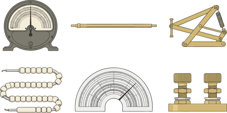 Vintage Physics and Electrical Laboratory Experiment Equipment Vector Icon Set Featuring Galvanometer Measuring Gauge Key Switch Scale and Brass Components