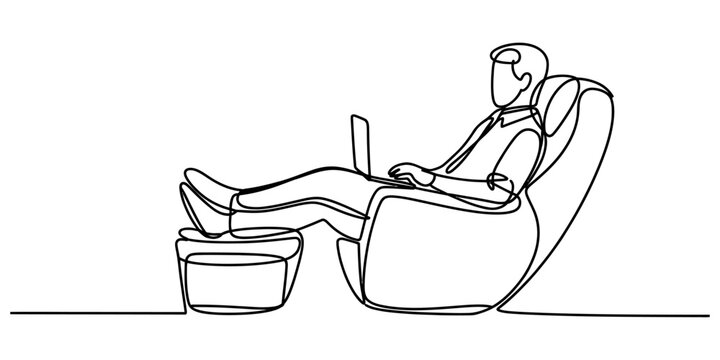 Continuous single line drawing of a man sitting in a comfortable armchair using a laptop computer while relaxing with his feet up on a small footstool ottoman Vector, illustration