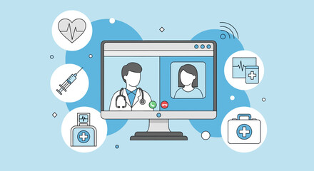 Fototapeta premium Online Medical Consultation Depicted On a Computer Screen With Various Healthcare Icons