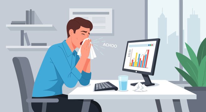 Office Worker Sneezing Into a Tissue With the Word Achoo Emitted From Illustration