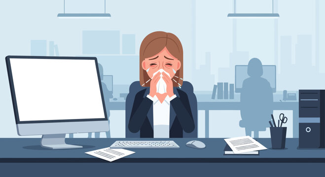 Office Worker Suffering From a Cold: Illustration of Workplace Health and Wellbeing Concern