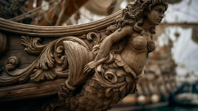 Europe medieval lifestyle. A detailed wooden sculpture of a mermaid, intricately carved with flowing hair and a crown, is mounted on the side of a ship. The mermaid is depicted in a graceful pose.