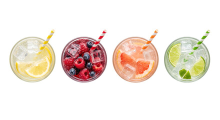 Refreshing summer fruity cocktails in top view set isolated on transparent background © PNG Lab