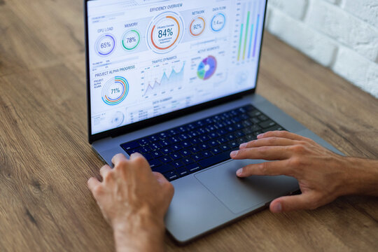 Close-up side view of a man's hands typing on a laptop with a financial analytics dashboard on the screen. Wooden desk workspace with a blurred white brick wall background. Businessman working