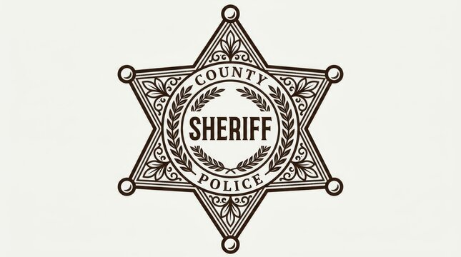 Vintage county sheriff badge featuring intricate floral engravings and bold typography on a clean white background
