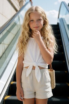 Portrait of young blonde girl with wavy hair standing near escalator. Child wears white top, casual shorts with straw bag. Small cute kid poses outdoors in summer city center. Little lady looks happy